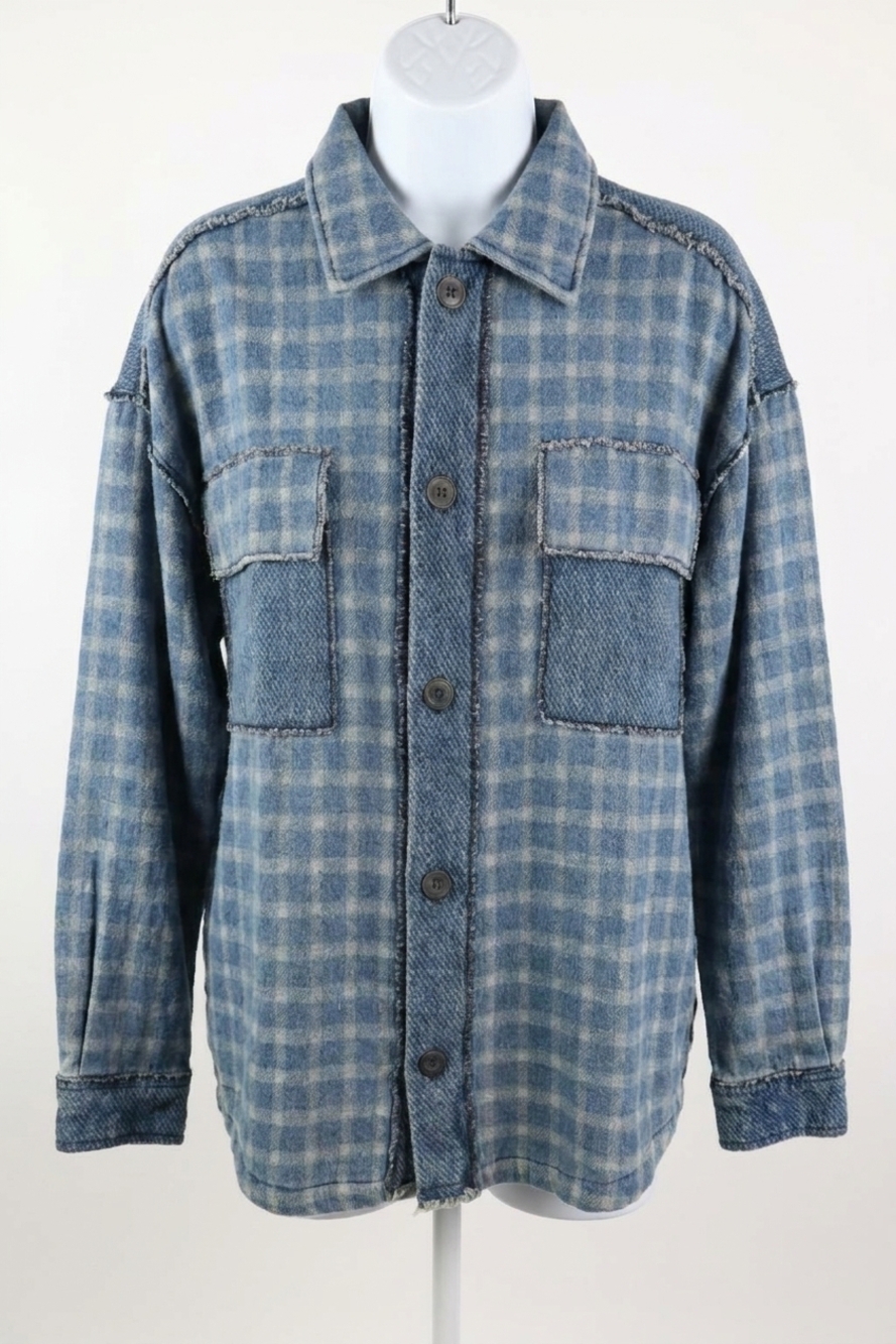 NEW EASEL women's long sleeve button down plaid shacket in washed denim